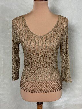Vintage 90s Gold Metallic Open Crochet Knit Beaded Blouse S/M